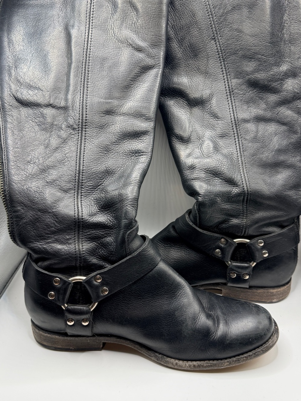 Frye Phillip Harness Tall Black Leather Extended Calf Boots 8.5B